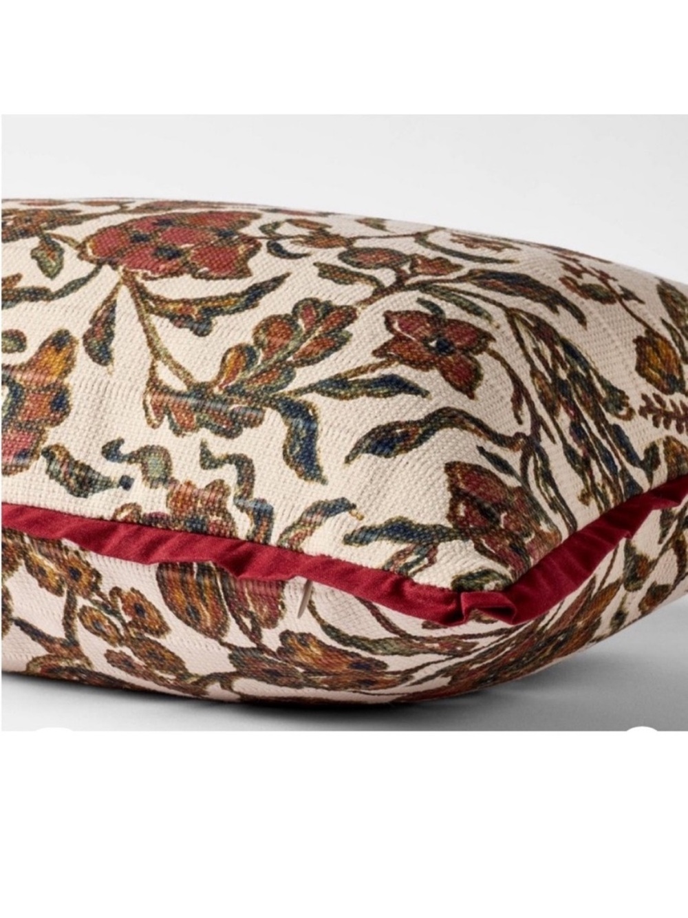 Studio McGee Jacobean 14” x 24” Floral Pillow with Red Piping . Burgundy/ Cream
